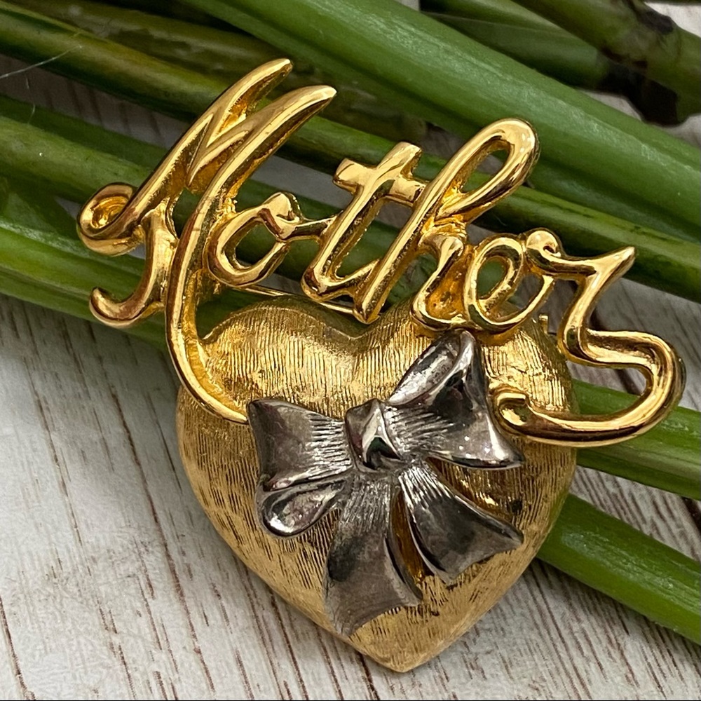 Vintage “Mother” 2-tone Heart Bow Brooch